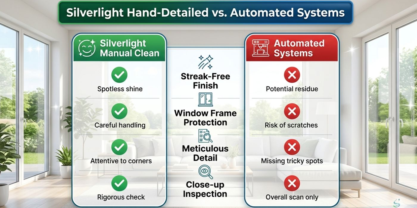 Infographic comparing Silverlight's manual hand-detailed window cleaning vs automated systems, highlighting streak-free finish and frame protection for GTA homes.