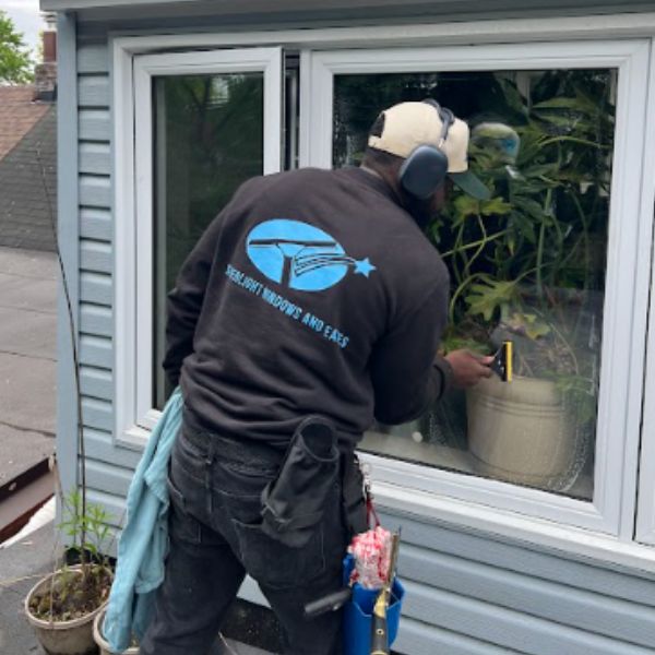 Professional window cleaner performing traditional manual hand-cleaning on a residential window in Pickering