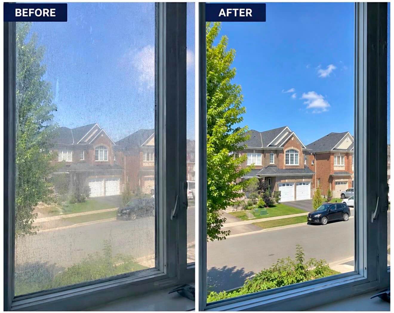 Professional hand-detailed window cleaning service in Toronto before and after comparison by Silverlight Windows and Eaves.