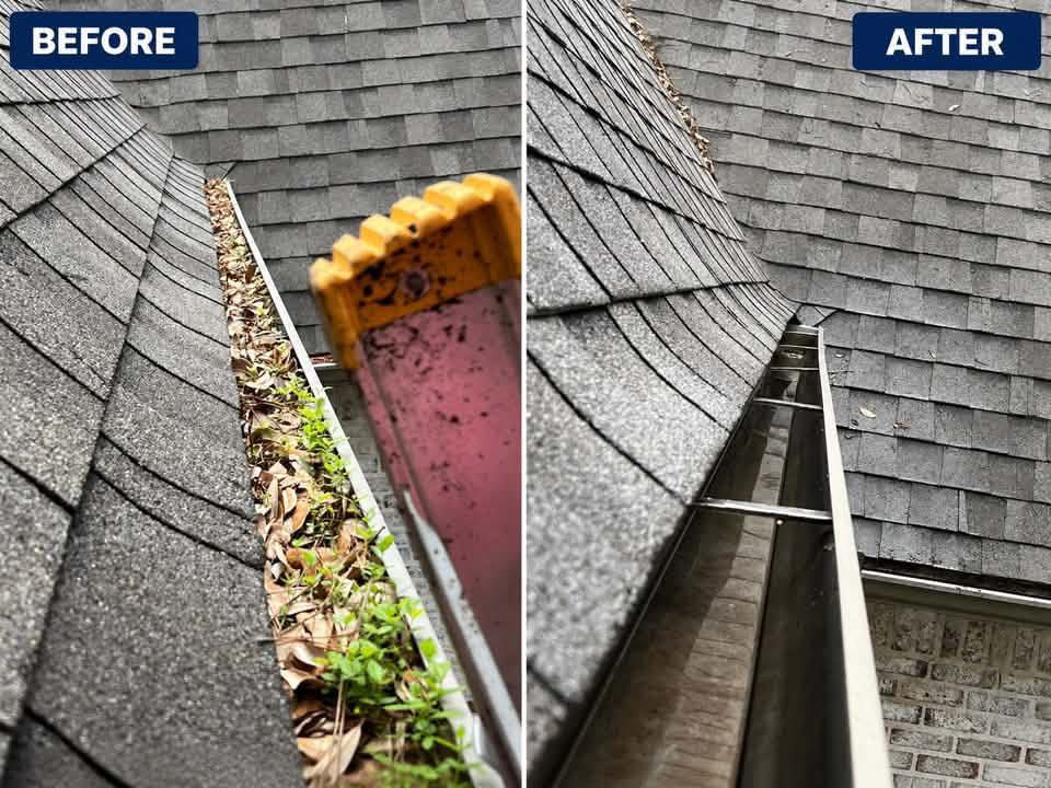 Before and after comparison of residential gutter cleaning service in Toronto by Silverlight Windows and Eaves, showing removal of heavy debris and weeds