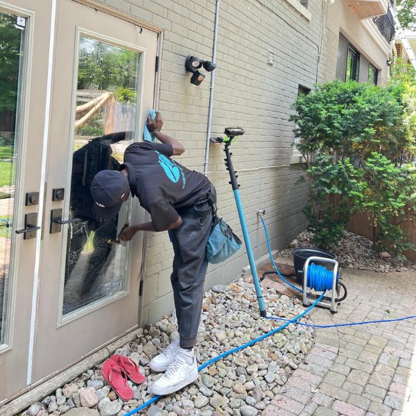 Silverlight technician hand-detailing a glass door in Mimico, Etobicoke for a streak-free shine.